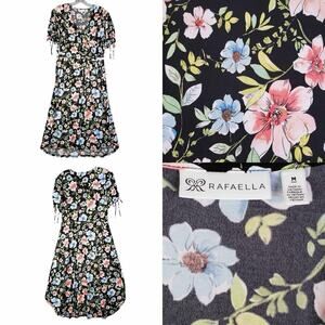 Rafaella Dress Fit & Flare Black Floral Short Sleeve Size Medium M Faux Wrap